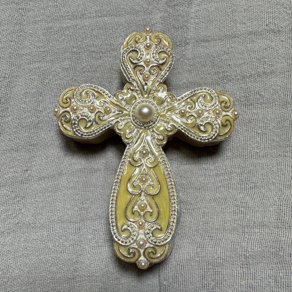Signed Nikky Metal, Enamel and Jeweled Trinket Box Cross Faux Pearl Accents